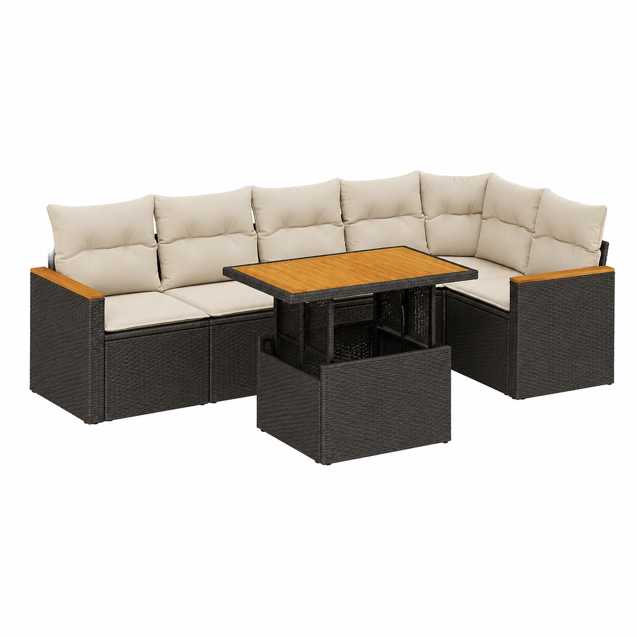 Ensemble de mobilier de jardin 7 pièces avec coussins noirs
