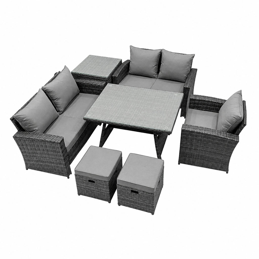Salon de jardin en rotin avec table à manger rectangulaire et chaises