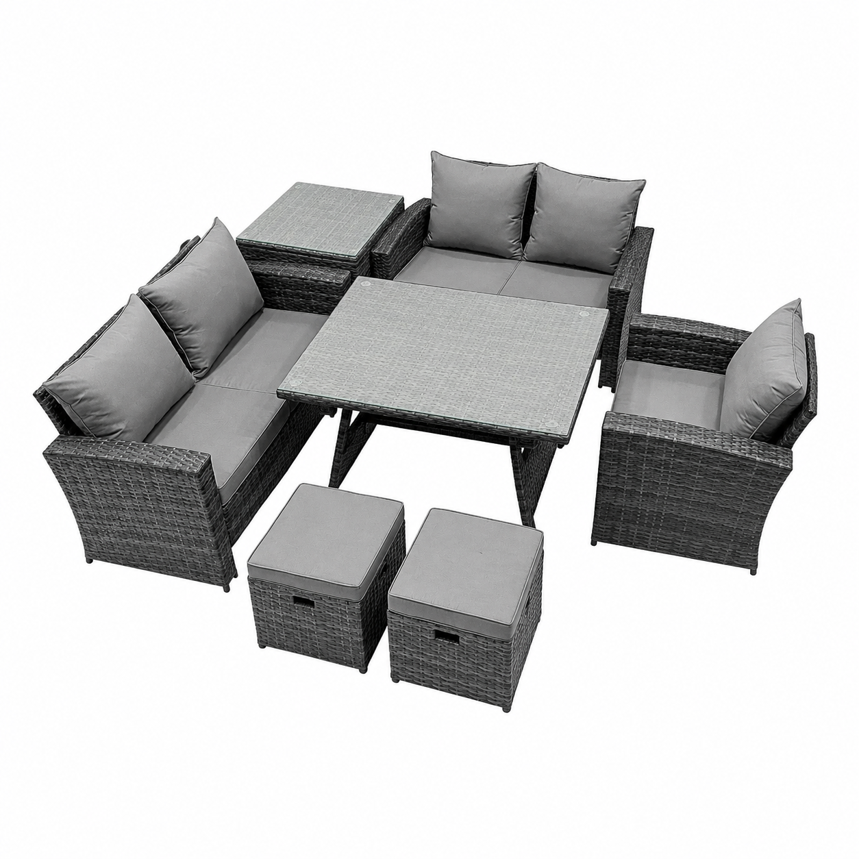 Salon de jardin en rotin avec table à manger rectangulaire et chaises