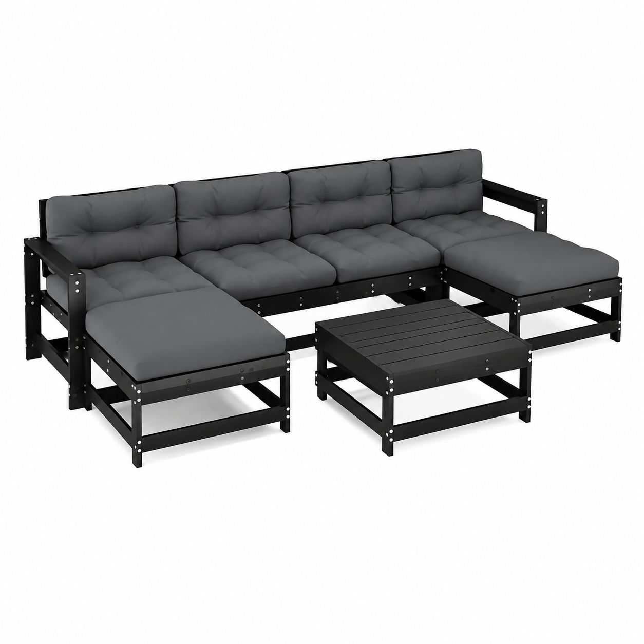 Ensemble de meubles de jardin 7 pièces avec coussins noirs
