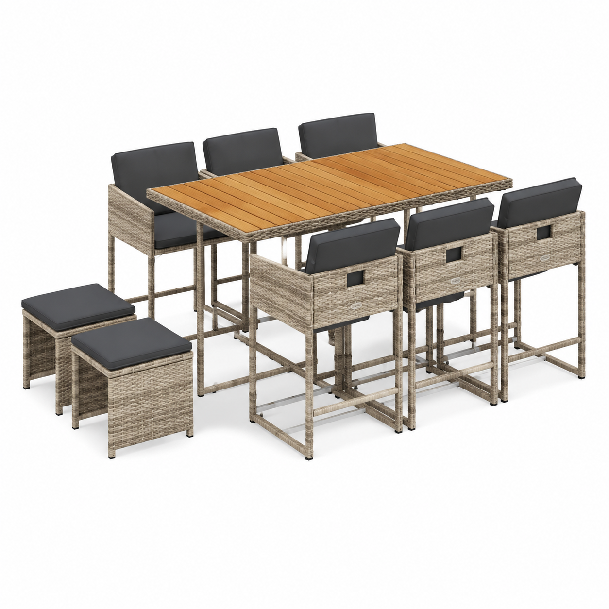 Ensemble de jardin 11 pièces avec coussins gris en rotin