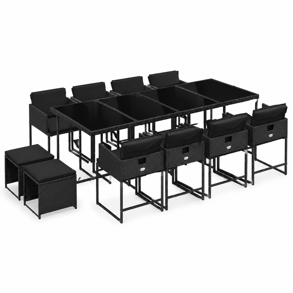 Mobilier de jardin 13 pièces avec coussins noirs en résine tressée