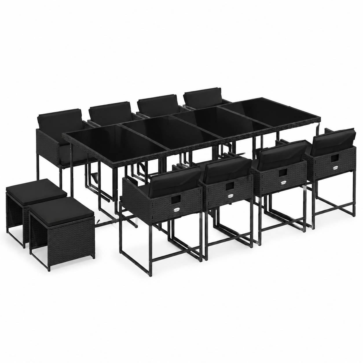 Mobilier de jardin 13 pièces avec coussins noirs en résine tressée