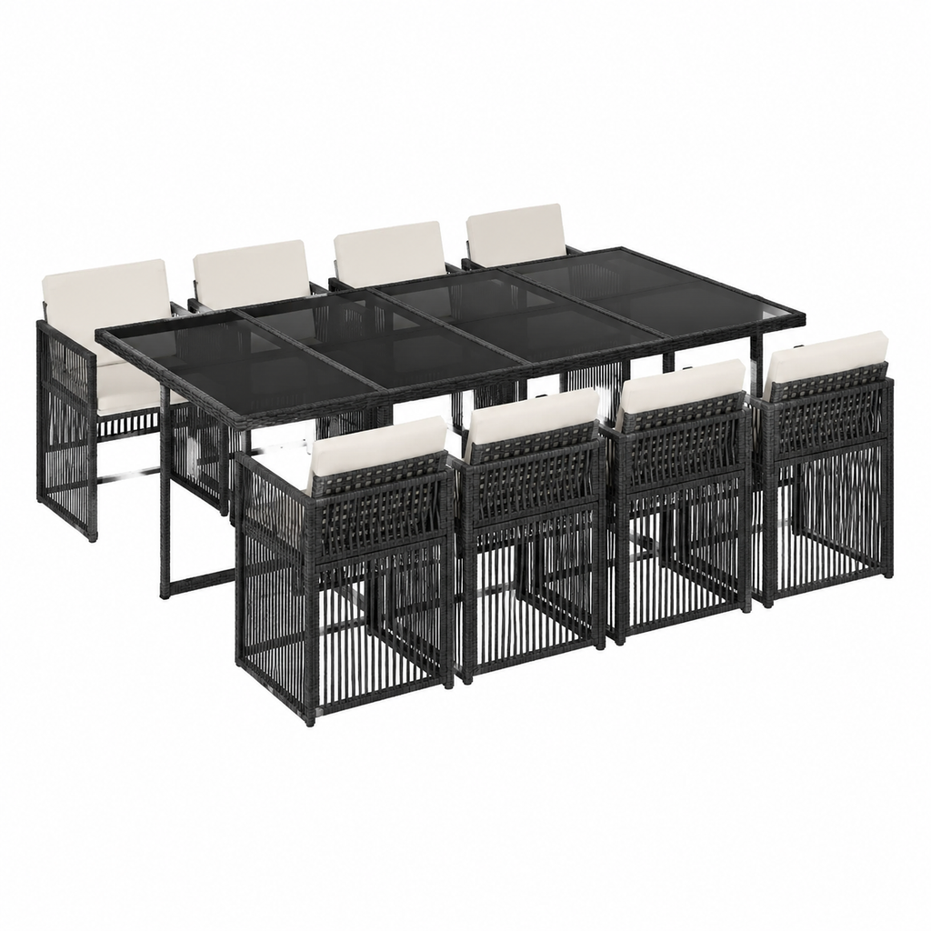 Ensemble de salle à manger extérieur 9 pièces en résine tressée avec coussins noirs