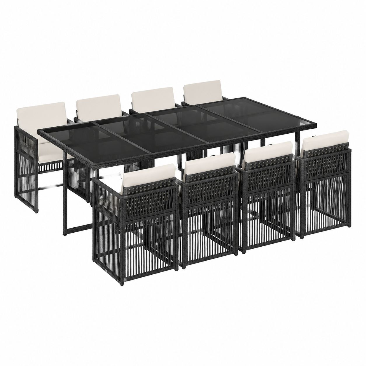 Ensemble de salle à manger extérieur 9 pièces en résine tressée avec coussins noirs