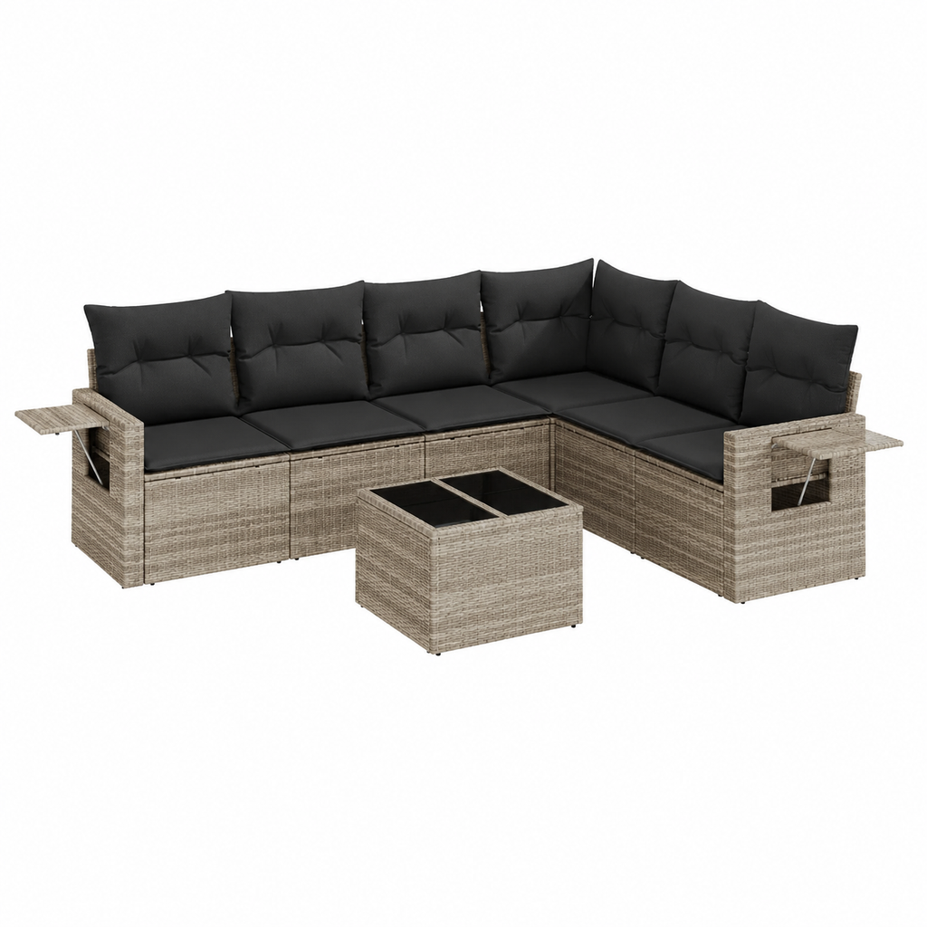 Ensemble de mobilier de jardin avec coussins, 7 pièces, résine tressée gris clair