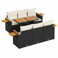 Ensemble de meubles de jardin 7 pièces avec coussins, résine tressée noire et acacia