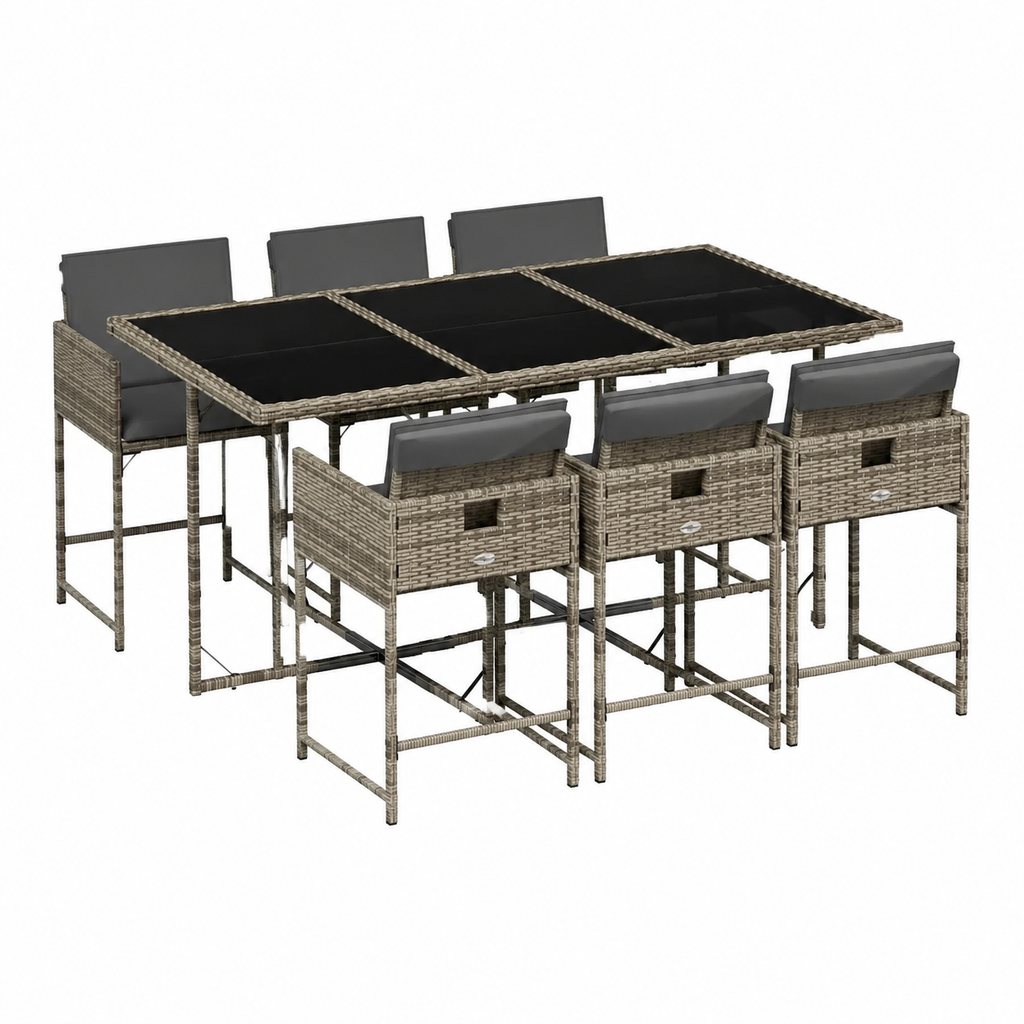 Ensemble de repas extérieur en rotin avec coussins - 7 pièces gris