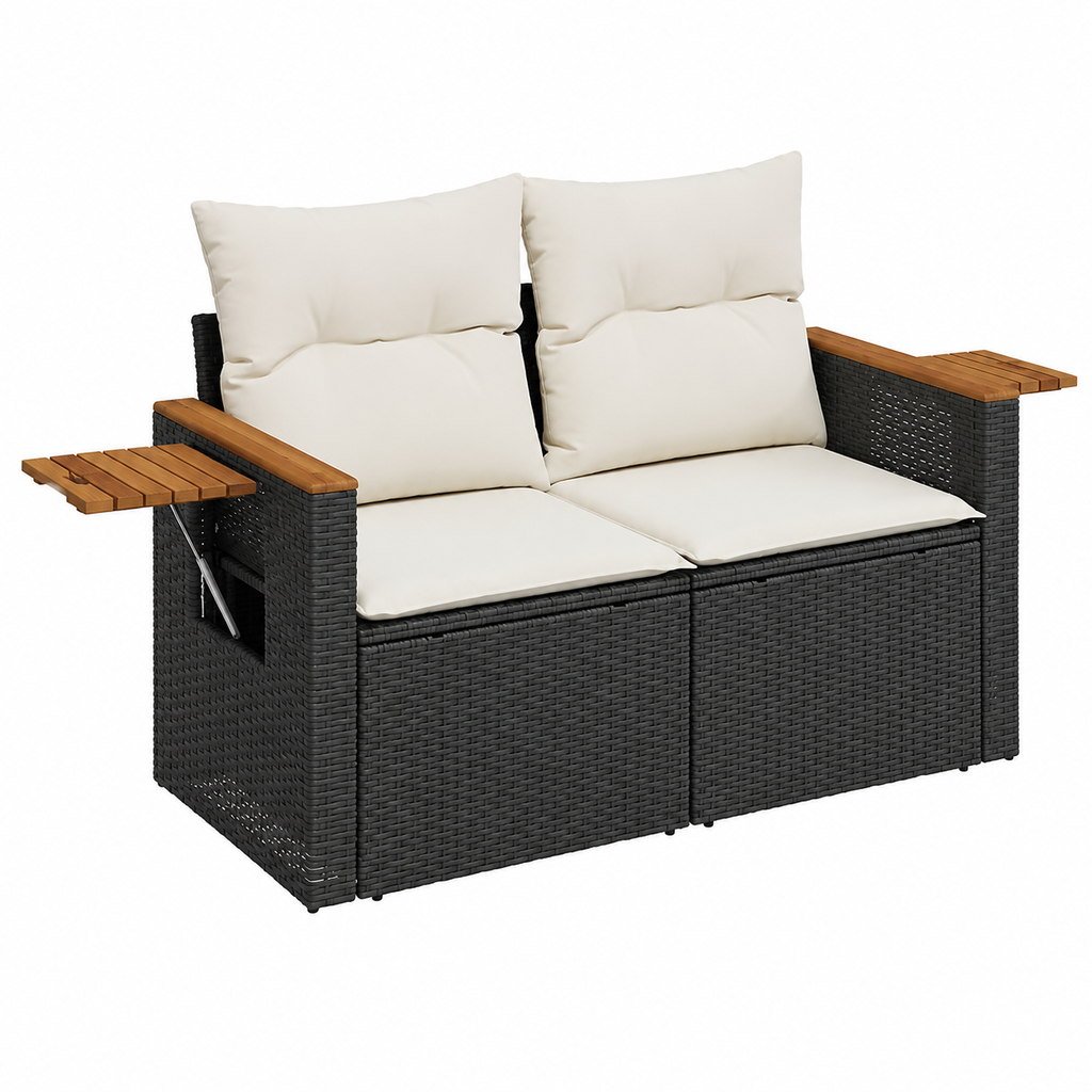 Ensemble de meubles de jardin 7 pièces avec coussins, résine tressée noire et acacia