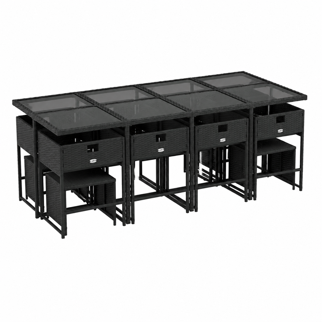 Mobilier de jardin 13 pièces avec coussins noirs en résine tressée